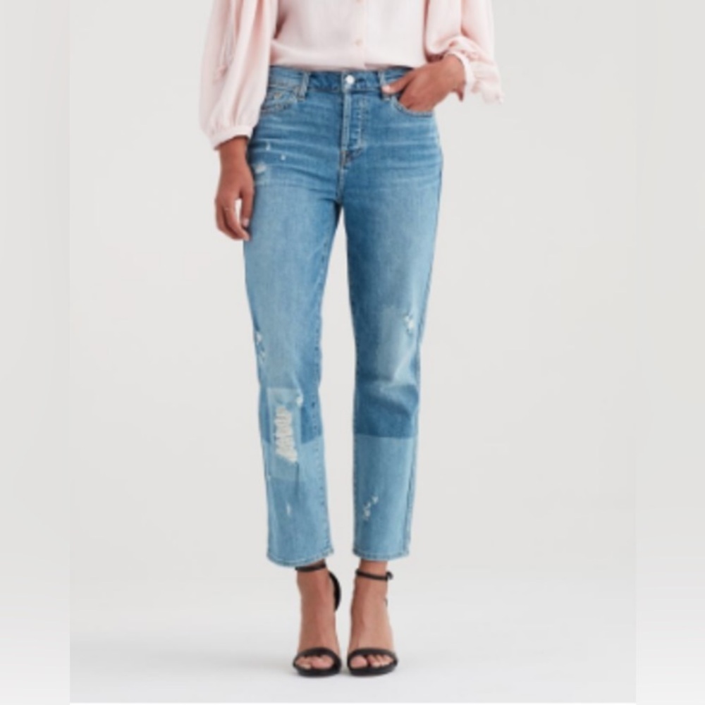 7 for All Mankind Edie With Patches Distressed Cropped Denim Blue Jeans Size 28
